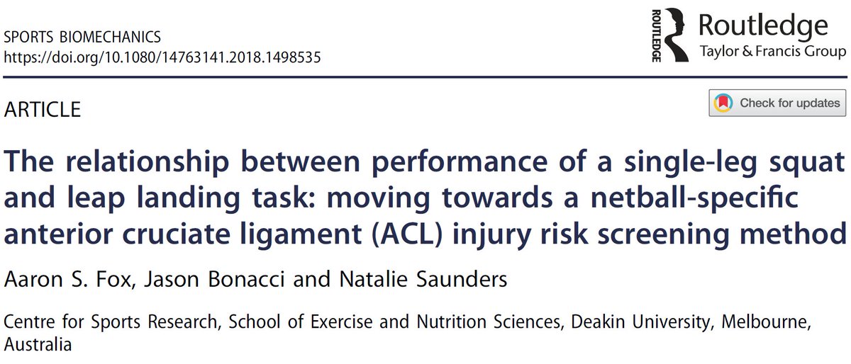 Keep an eye out for this upcoming paper with Jason Bonacci &amp; <a href="/natsaunders/">Natalie Saunders</a> in <a href="/sportsbiomechj/">Sports Biomechanics</a> examining the potential for simplistic #ACL movement screening in #netball