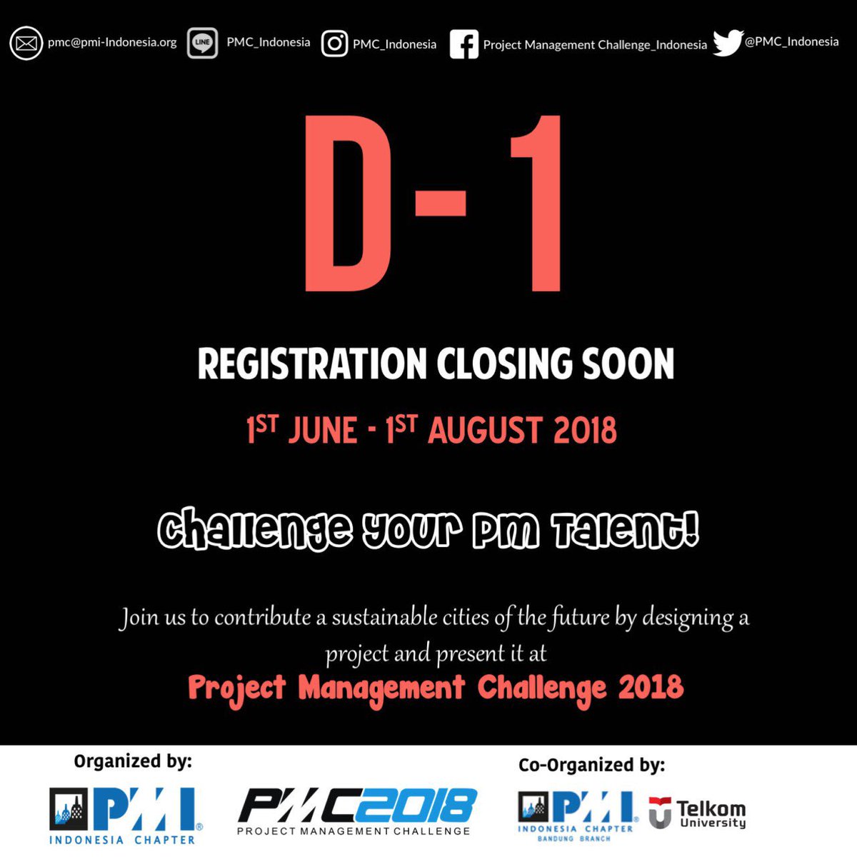 Don’t forget to register your team at PMC 2018.
Go register your team bit.ly/REG_PMC_2018 before it's too late. 
Be a change maker and get the total prize of IDR 55.000.000!