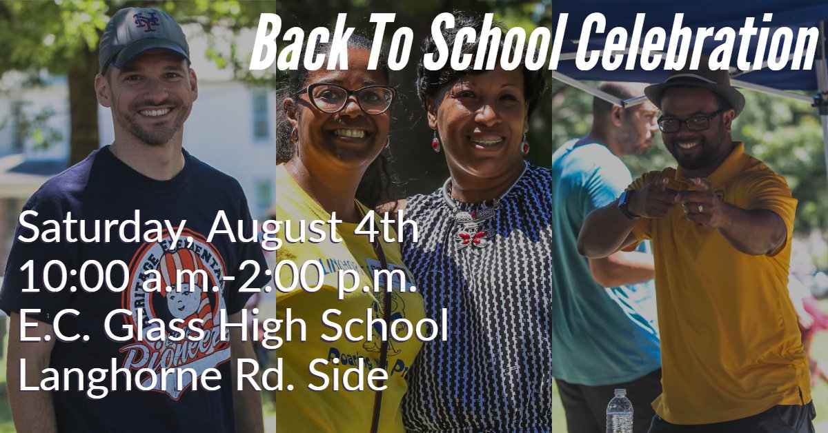 ecghighschool's tweet photo. Lynchburg City Schools will be hosting our annual Back to School Celebration on Saturday, August 4th 10:00 a.m.-2:00 p.m. This is a wonderful opportunity for our families to meet with representatives from all of our schools. We look forward to seeing you there! #WErLCS @LCSEDU https://t.co/Izt85cjrWx