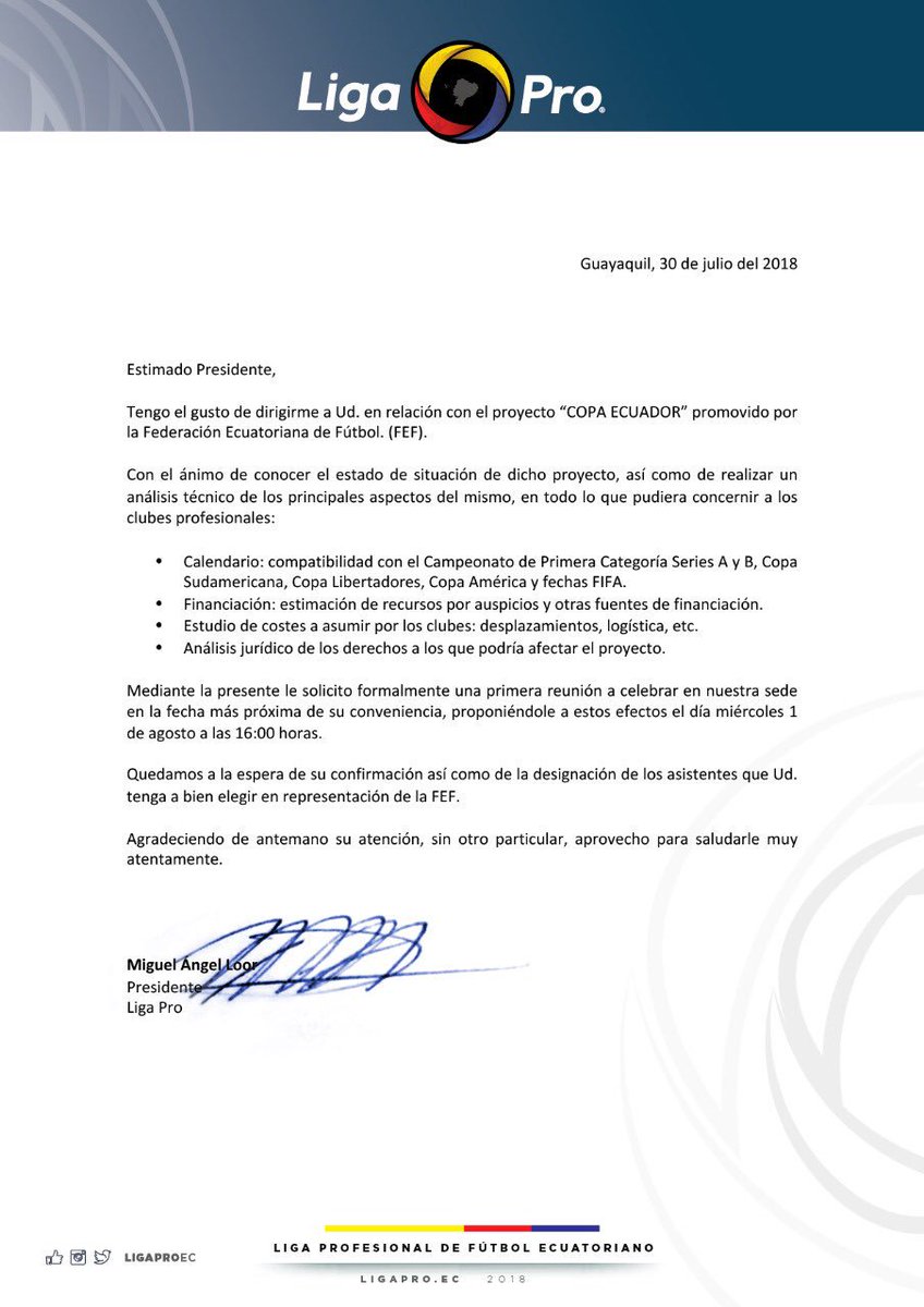 LigaEcuabetec's tweet photo. Carta enviada a @FEFecuador , sobre #CopaEcuador. 
#DocumentoOficial 
#LigaProEC 🇪🇨🤝⚽️ https://t.co/cVRqFhLucl
