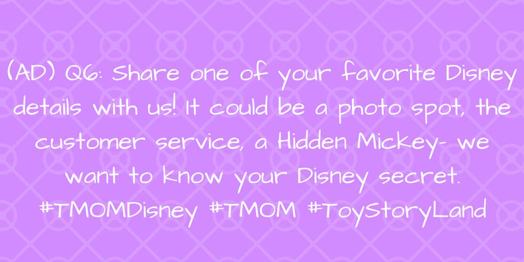 RT <a href="/travelingmoms/">travelingmoms</a> Q6: Share one of your favorite Disney details with us! It could be a photo spot, the customer service, a Hidden Mickey- we want to know your Disney secret. #TMOMDisney #TMOM #ToyStoryLand (AD)