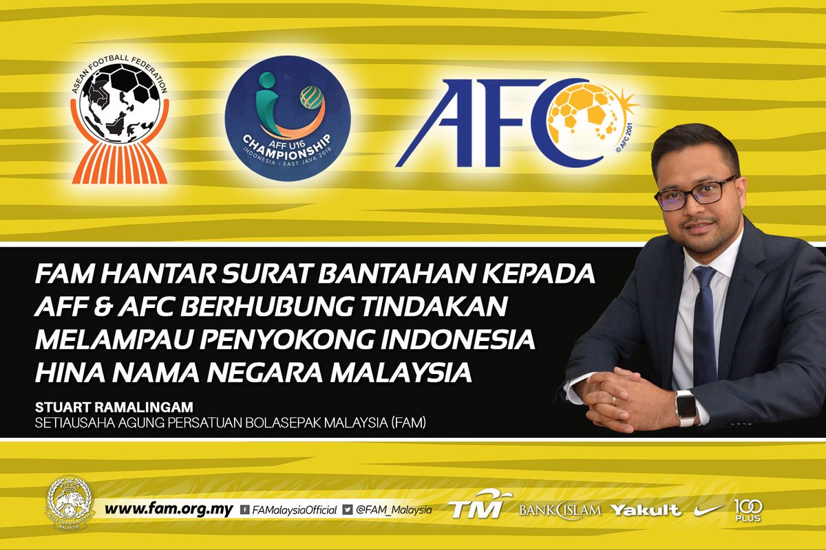 FAM_Malaysia's tweet photo. FAM Hantar Surat Bantahan Kepada AFF &amp; AFC Berhubung Tindakan Melampau Penyokong Indonesia Hina Nama Negara Malaysia

Baca kenyataan penuh Setiausaha Agung FAM, Stuart Ramalingam di https://t.co/u9Zi6uKoWg

#FAM #HarimauMalaya https://t.co/A1qzrfInWi