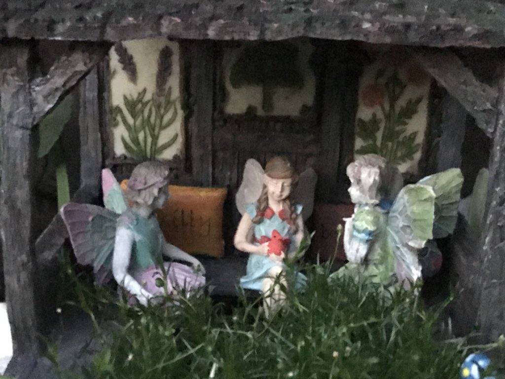 The little fairies & gnomes in our garden look so cute getting ready for their evening activities at dusk!!!#fairygarden #gnomegarden
