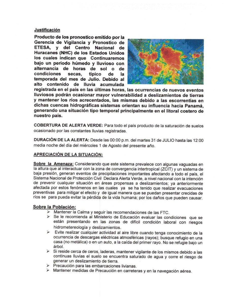 Sinaproc_Panama's tweet photo. COE extiende ALERTA VERDE por 48 horas más desde la medianoche de este lunes hasta las 24horas del miércoles 1 de Agosto. Importante seguir recomendaciones de la #FTCAyuda https://t.co/6QhzcQ1yz8