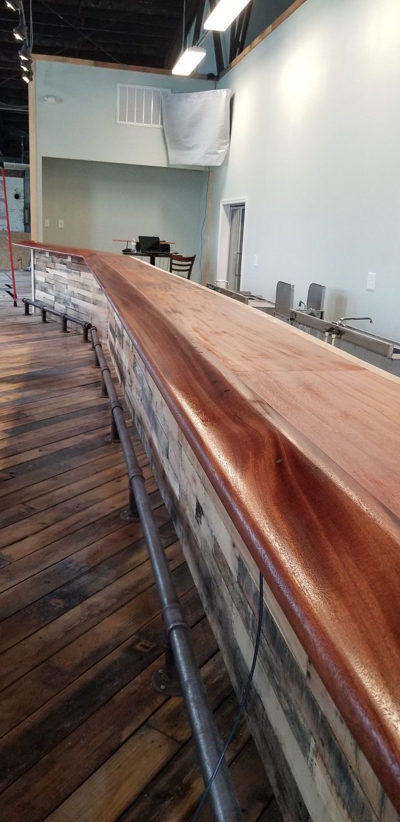 TidewaterBrews's tweet photo. Lookin' good!! Wrapping up final details of the bar...first coat of poly, outlets with USB, hooks for your stuff 😊🍻 #TideWaterBrewCo #brewlocal #drinklocal #craftbeer #wilmingtonnc #ilm #sodapopdistrict https://t.co/yXRjG3C4Zo