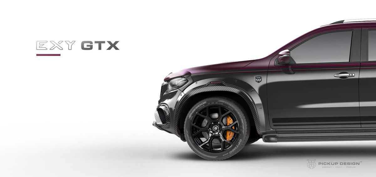 PickupDesignCom's tweet photo. Let’s have a look at the exterior of newest release of Mercedes X-class EXY GTX version. Stylish body kit with carbon elements, eye-catching Style Bar, lowered suspension, 20 inch rims and burgundy graphic stylization form the combination of luxury and sports character!
#xclass https://t.co/JN4y0uuxQX