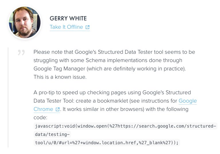 contentking's tweet image. Please note that Google&apos;s Structured Data Tester tool seems to be struggling with some Schema implementations done through Google Tag Manager (which are definitely working in practice). This is a known issue. - @dergal 

Full article here: contentkingapp.com/academy/schema/ #schemaorg
