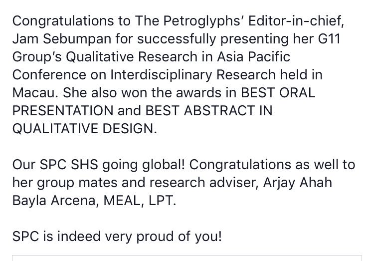 sirjisi1's tweet photo. Dili basta2 ang SPCian. Congrats, Jam and STEM 2!
@spcpetroglyphs @jamsebumpan https://t.co/4bnuE7uTU7