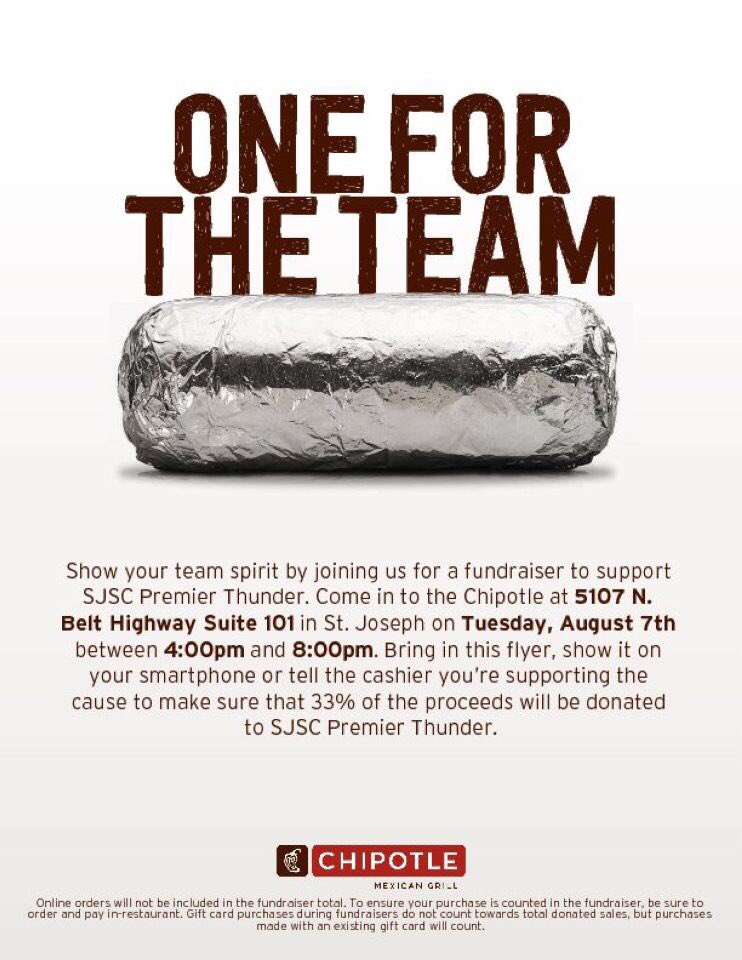 Chipotle tonight to help support Kell’s Soccer team! Show this flier! #sjscthunder