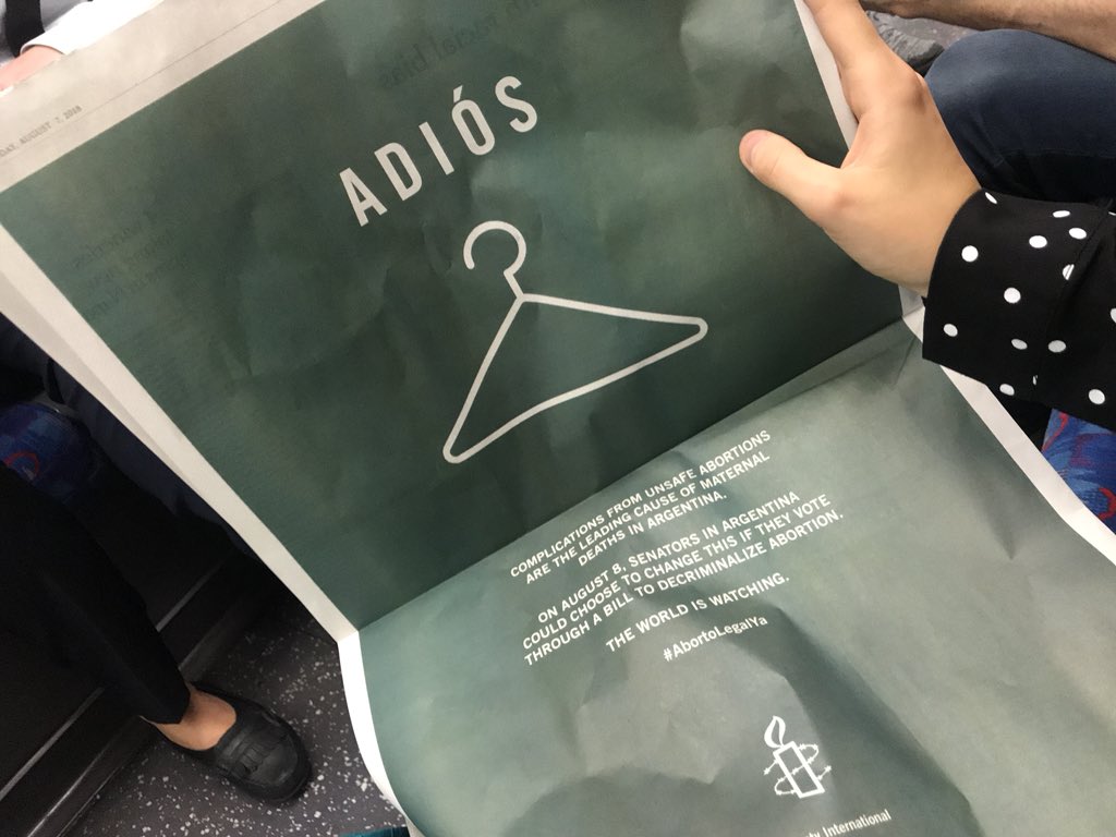 Val_Voshchevska's tweet photo. Picked up my copy of the @nytimes this morning on my way to work in London. In case you didn’t, here’s what’s on the back. Senators in #Argentina, ahead of the vote tomorrow, we just wanted you to know that the world is watching. #AbortoLegalYa 💚 https://t.co/0UBRbPiRlM