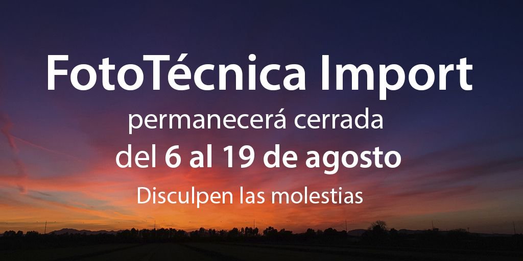 Nuestras oficinas estarán cerradas por vacaciones hasta el 19 de agosto.
Si necesitas contactar con nosotros, escríbenos a info@fototecnica.com y te responderemos lo antes posible.
¡Disculpa las molestias y felices vacaciones!