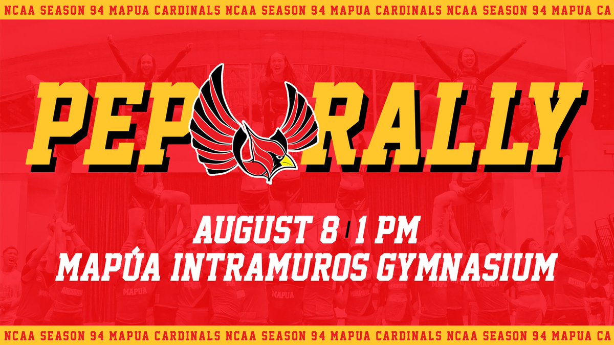 MapuaUniv's tweet photo. Mapúans, show off your Cardinal spirit by cheering on our student-athletes in the #MapuaPepRally2018 tomorrow, August 8. #VivaMapua #MapuaFroSHSWeek2018 https://t.co/IP1EpqdL9f