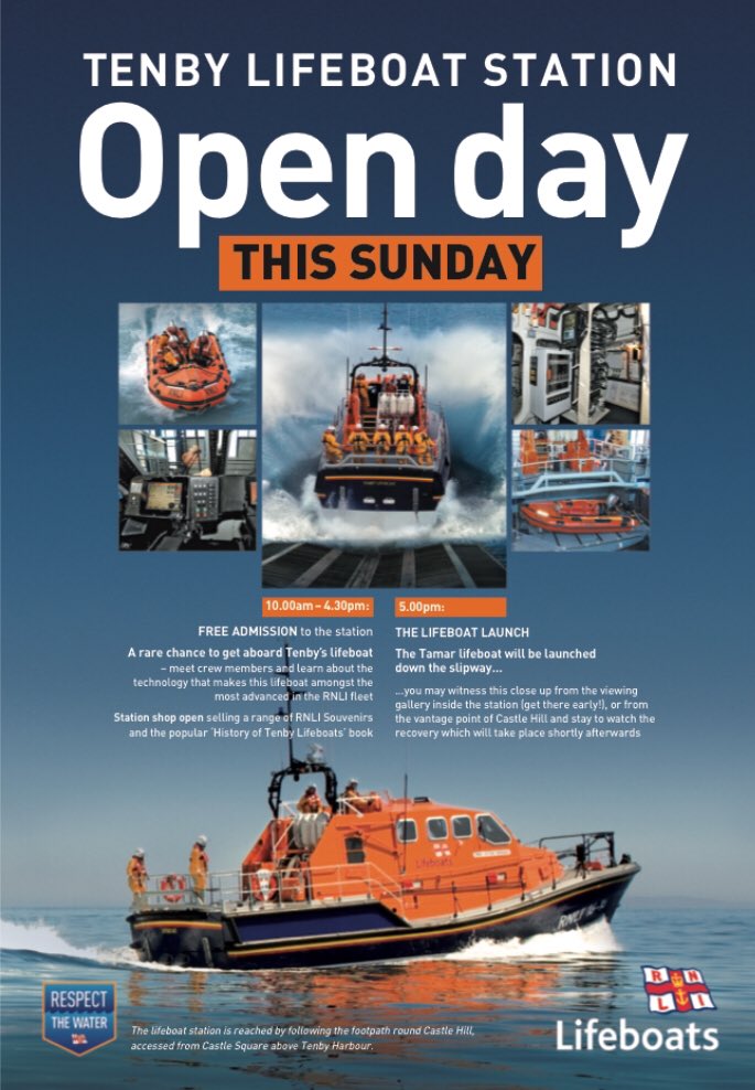 This Sunday is our annual open day at Tenby Lifeboat station, a rare chance to have a look round both of our Lifeboats! The Station will be open from 10am with lots to do, followed by both boats launching and a display at 5PM. We hope to see you all there! #Tenby #RNLI #Openday