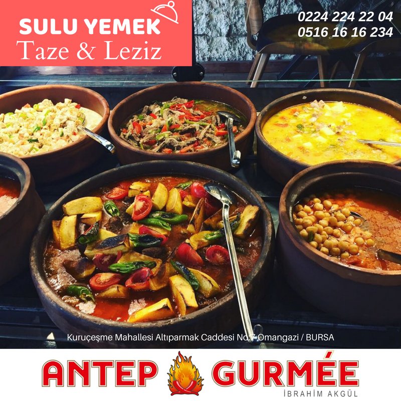 Sadece kebap çeşitlerimizle değil, sulu yemek çeşitlilerimizle de damak zevkinize hitap ediyoruz...
.
Kuruçeşme Mahallesi Altıparmak Caddesi No:7 Omangazi / BURSA
.
0224 224 22 04
0516 16 16 234
.
antepgurmee.com
.
#antepgurmee #bursarestaurant #suluyemek
