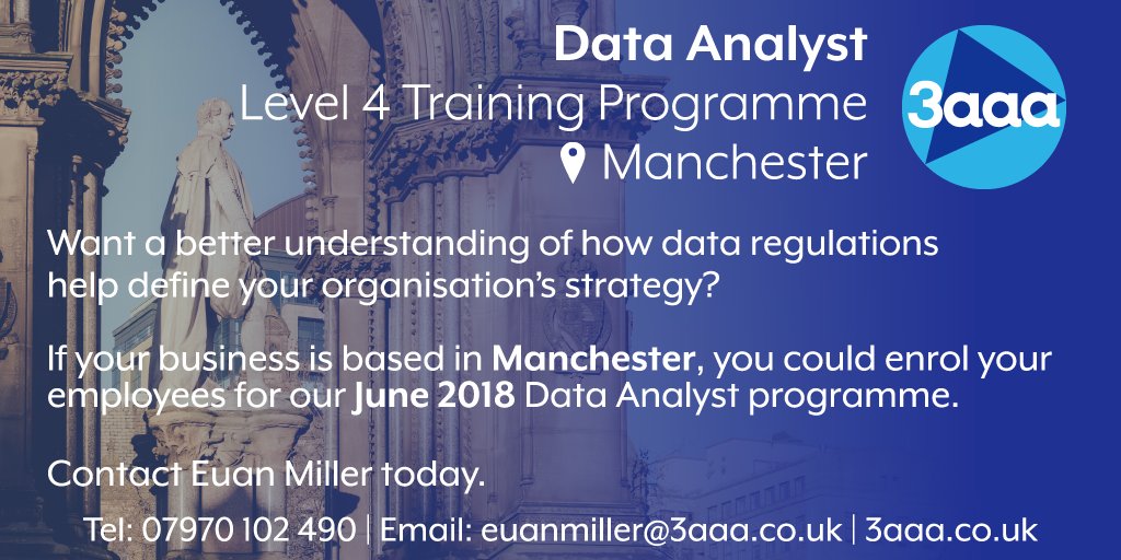 3aaaUKManc's tweet photo. If your business is based in Manchester, check out our Data Analyst training programme and enrol your employees for June. This training is a great way to ensure your company is making the most effective use of available data.

Contact Euan Miller today. https://t.co/BYJE7TYO0h https://t.co/FIwcxpzX5k