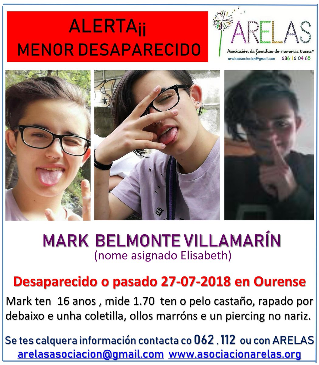 ARELAS_Afmt's tweet photo. Seguimos pedindo colaboración e difusión da imaxen de Mark, un rapaz trans de 16 anos de Ourense desaparecido dende o 27 de xullo 😟 @DavidAmorTv @sup3rpinheiro @AmiZando @FELGTB @COGAM @ATA_Trans @dosmanzanas @LozanoMabel @AlaskayMarioTV @topaciofresh @PlataformaTrans https://t.co/mmq3lWIQT2