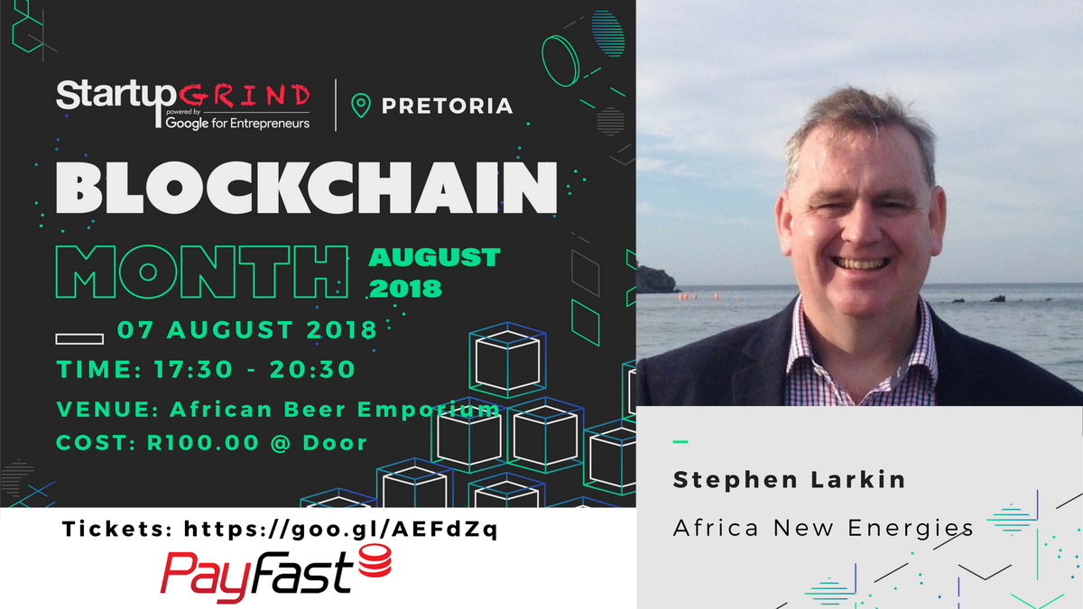 StartUpGrindPTA's tweet photo. @StephenLarkin6 will be one of our guests tonight representing @AzizaCoin at our #SGBlockchain event. Talking #cryptocurrency &amp; #Azizacoin
 #Blockchain 
Only a few tickets left, hurry get yours now from https://t.co/GTHaOnNInt 
#StartPTA @PayFast @mamelodibiz @Geekulcha https://t.co/PcrhIuyo5F
