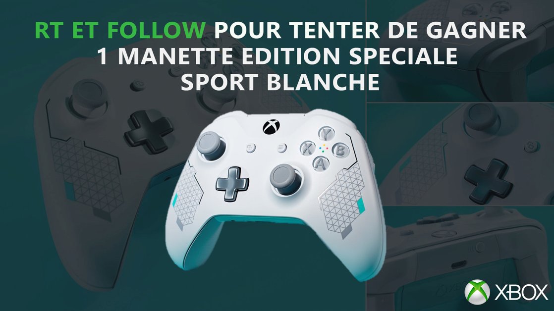 XboxFR's tweet photo. A l'occasion de la sortie de la toute nouvelle manette Sport Blanche, RT et FOLLOW pour tenter de la gagner ! 
Pour ceux qui souhaitent se la procurer : https://t.co/J1U70e2dU4 https://t.co/JyZs1GYVTg