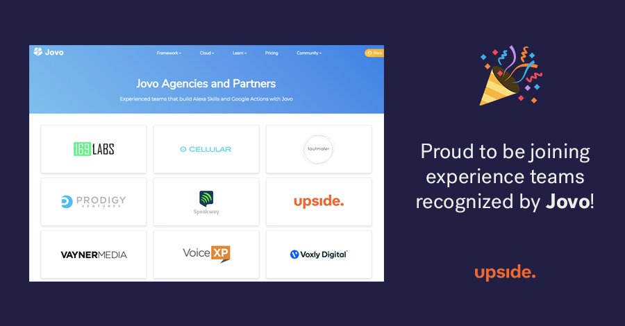 UpsideLab's tweet image. Today Upside officially joined the list of experienced teams that build #AlexaSkills and #GoogleActions with @jovotech!

We&apos;re proud to be featured alongside innovative companies such as @vaynermedia, @169Labs and @VoiceXPInc 🎉

Find us here ➡️ jovo.tech/agencies