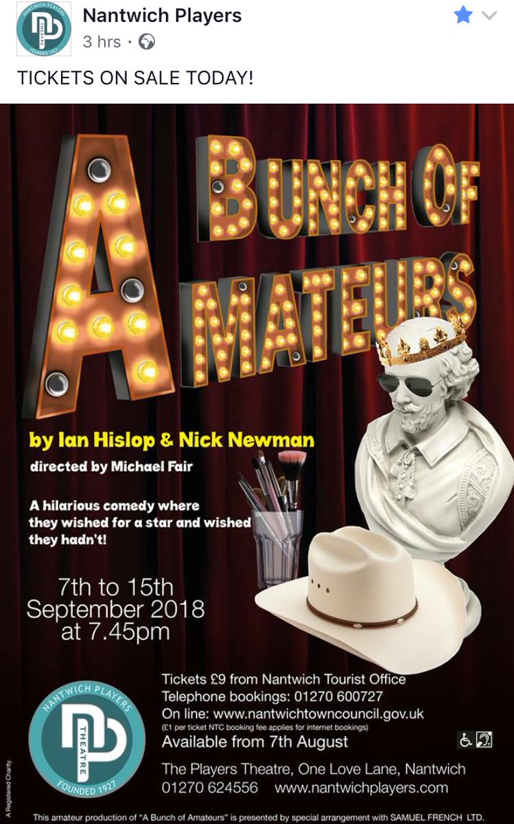 On sale today!! #nantwich #Abunchofamateurs #nextplay #theatre #nightout #cheshire 🎭