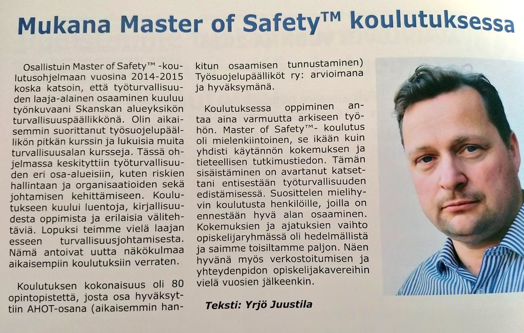 MasterOfSafety's tweet photo. Uusimmassa #Finnsafe-lehdessä juttua ohjelmastamme opiskelijan kertomana. https://t.co/hOiXTgsXHl