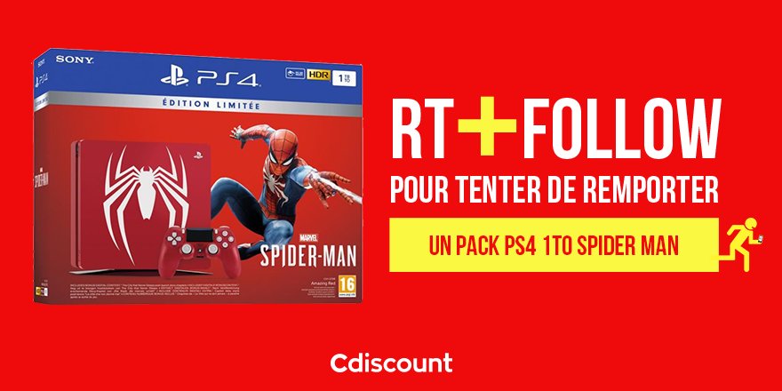 Cdiscount's tweet image. 🎁 #Concours 

👌 À gagner : PS4 1To #Spiderman + jeu   👉 bit.ly/2Ohyg7C

🔸 Pour tenter votre chance : 
#RT + #FOLLOW @Cdiscount

☑️ TAS 16/08