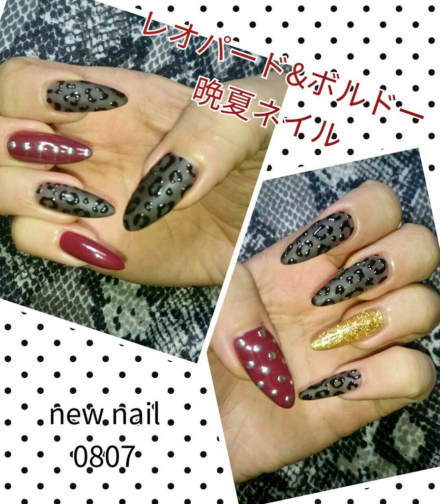 サ ト Sur Twitter New Nail レオパード ボルドー晩夏ネイル 今回は秋を意識しつつな 晩夏ネイルにした ブラックのマットシースルーに ブラックレオパード柄 シースルー感が夏の名残 ボルドーとワンポイントのゴールドで 秋っぽさ出してみた ネイル