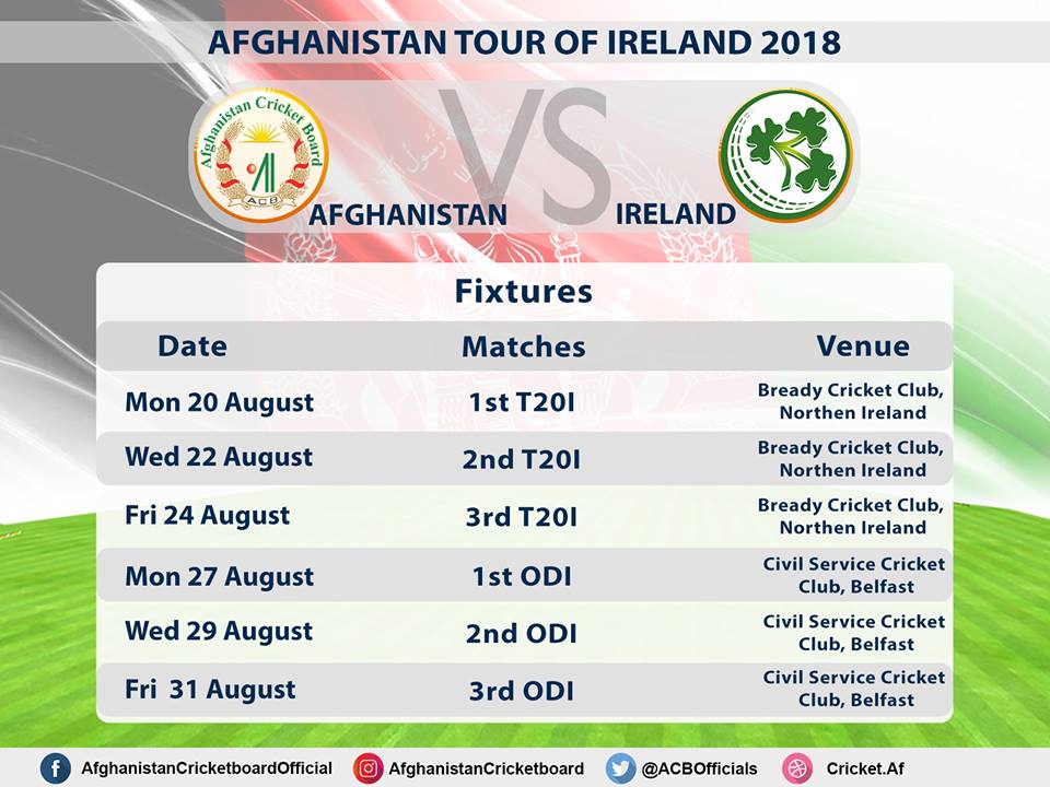 ACBofficials's tweet photo. Fixtures for the upcoming Afghanistan vs Ireland series which commences on 20th August.
#AFGvIRE https://t.co/O4trILgZJv