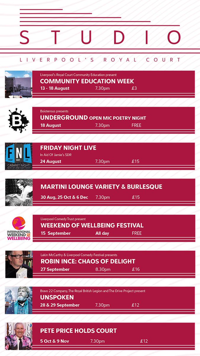 RoyalCourtLiv's tweet photo. So many shows, so little time.  Check out our upcoming shows in the Studio. Whether it's a staff do/night out with your mates/date night or Christmas party we've got something for everyone.  

Book tickets here: https://t.co/to2Qceq01C

#LRCStudio https://t.co/frCpqcJuzz