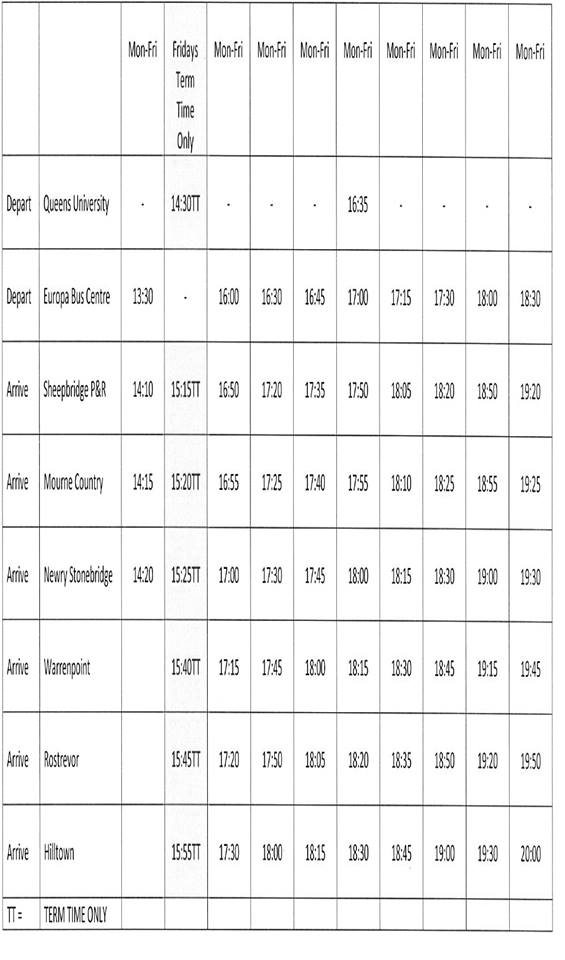 Proposed New Timetable (Newry - Belfast)

 We hope to operate in the near future. (subject to licence).

Please note: under this new proposal there will no longer be a daily service to Ulster University Jordanstown. UUJ will operate on a Monday morning ONLY.

Spread the word!