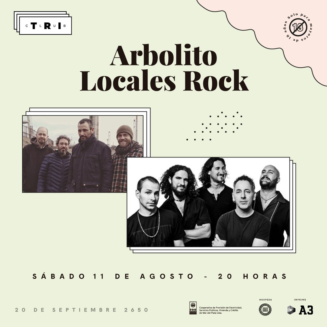 LocalesRock's tweet photo. Se viene se vienee!! Gran fecha junto a @Arbolitoweb!!!! Sabado 11 agosto en Club TRI anticipadas en Musical Norte y en el mismo club!! https://t.co/OO4AufDVxo