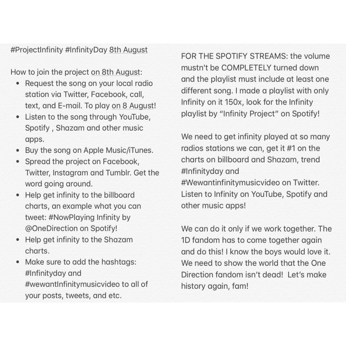 1d_promoting's tweet image. 1 day till #InfinityDay !!

Here are the link for the Spotify Infinity playlist for 8th August:  
open.spotify.com/user/ufdpdy75f…

Here are all the information for #InfinityDay 

Retweet and spread!

All the love :)

#ProjectInfinity