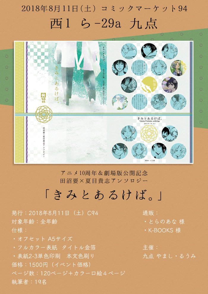 8/11 C94 夏コミ2日目 お品書きまとめ

【T2】西1 ひ-19b ハル雪
新刊：「こもれびのあわい」T2合同誌/B5/32P/500円


【田夏】西1 ら-29a 九点
新… 