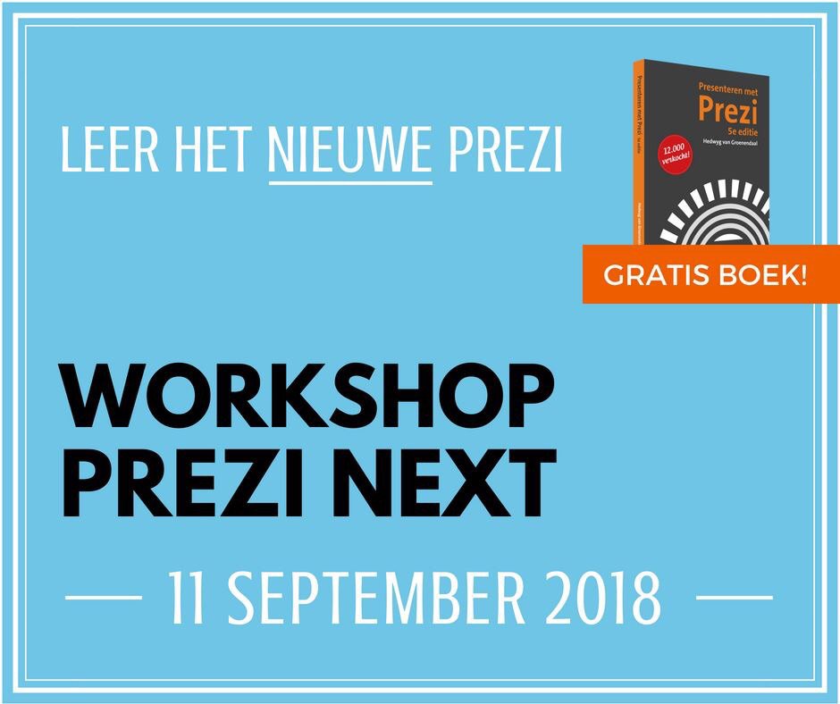 Indruk maken op je collega's? In een halve dag maak jij jouw Prezi presentatie. Natuurlijk krijg je Hedwyg’s Prezi boek er gratis bij :)
Dinsdag 11 september 2018. Meld je aan via: preziuniversity.nl
