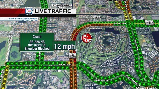 CRASH: SR-826 NB & NW 163rd St. The shoulder is blocked; delays are stretching back for miles. #TRAFFIC #MIAMI https://t.co/lZoWUs1XYK