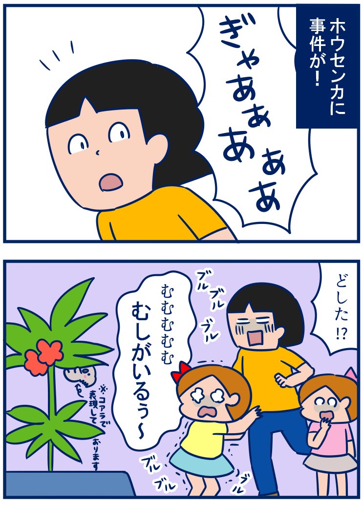 周りには自然あふれているのになぜにこまめのホウセンカを狙ったのだ…という気持ちでいっぱい😂(※虫が苦手な方のためにコアラにしてありますがそれでもダメな方はご注意を💦#夏休み #育児漫画
・こまめのホウセンカへの愛情が激減した日
https://t.co/RgaQQp0IGU) 