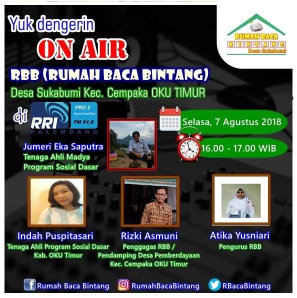 Jumeri_ekas's tweet photo. 1 Jam On Air di RRI pro 2 FM bersama Komunitas @RBacaBintang Ds Sukabumi Kec. Cempaka Kabupaten OKU Timur, "semoga menjadi insfirasi &amp; kreatifitas untuk desa2 lain"
@kpp_sumsel 
@PsdSumsel 
@zella0602
@Indha30 
@DedyDharmaRiza1 
@Bulkin1702 
@yanti_rakhman 
@EndreksonRomsa https://t.co/gR7LWUp8wI