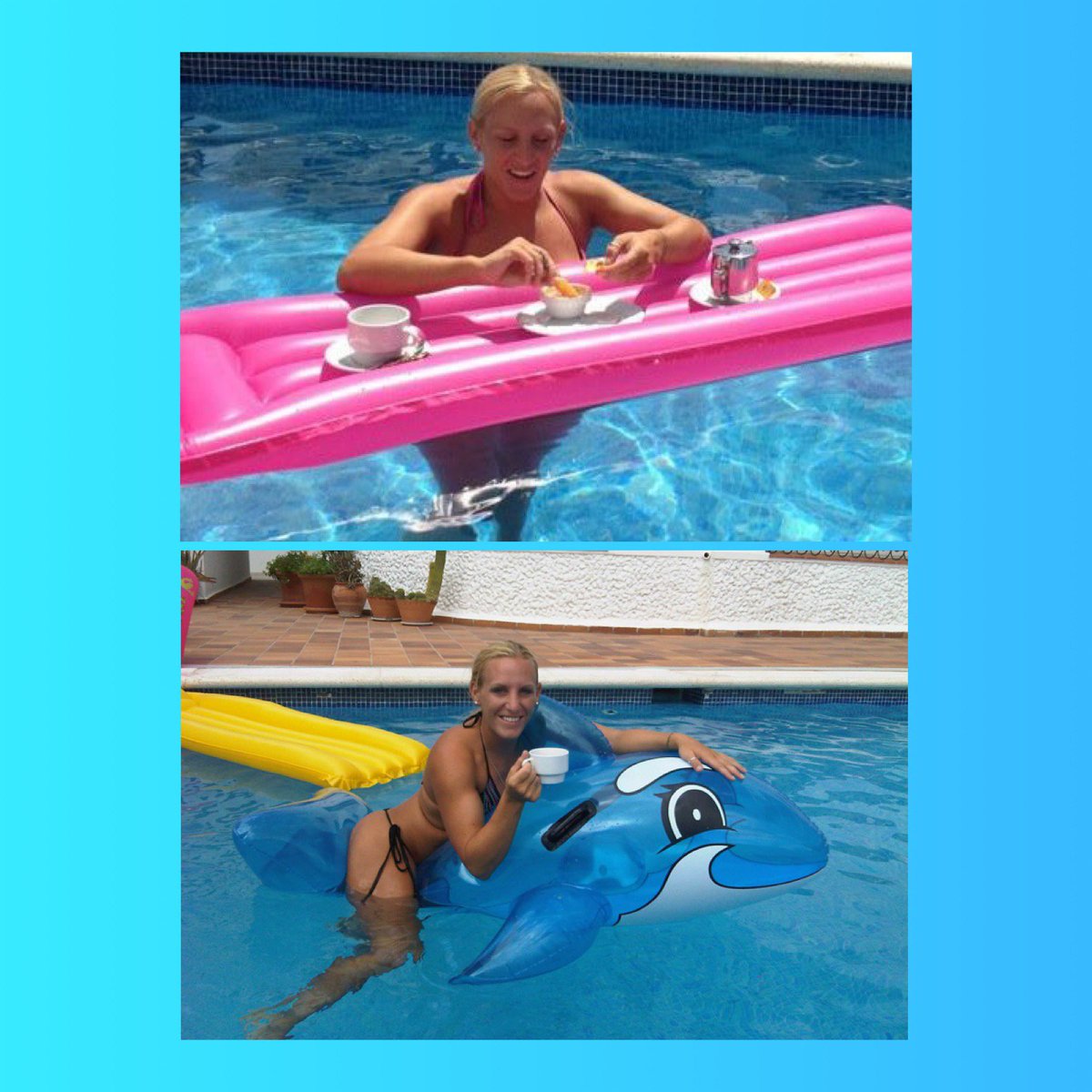 sarahgiggle's tweet photo. A fun #grateful post for being able to enjoy tea and breakfast almost every day in the pool, yes in the pool in #ibiza #breakfast #pool #smiles #happyplace #reflection #30daysofreflection https://t.co/jHbvnNSQRz