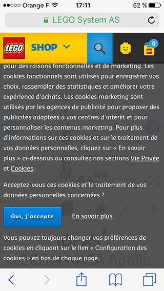 uxuifr's tweet image. Le message relatif aux cookies qui masque le site entièrement on a presque l'habitude. Sur le site de @LEGO_Group c'est plus rigolo : il est tellement long qu'il est impossible de lire le début du texte.