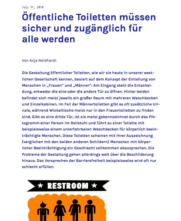 #ÖffentlicheToiletten müssen #sicher und #zugänglich für alle werden. Unseren neuesten Beitrag gibt es auch auf Deutsch: bit.ly/2Ouevuo #Gestaltung #Design #Architektur #Feminismus #Gender #Toiletten #Menstruation #barrierefrei #LGBTQI #Trans