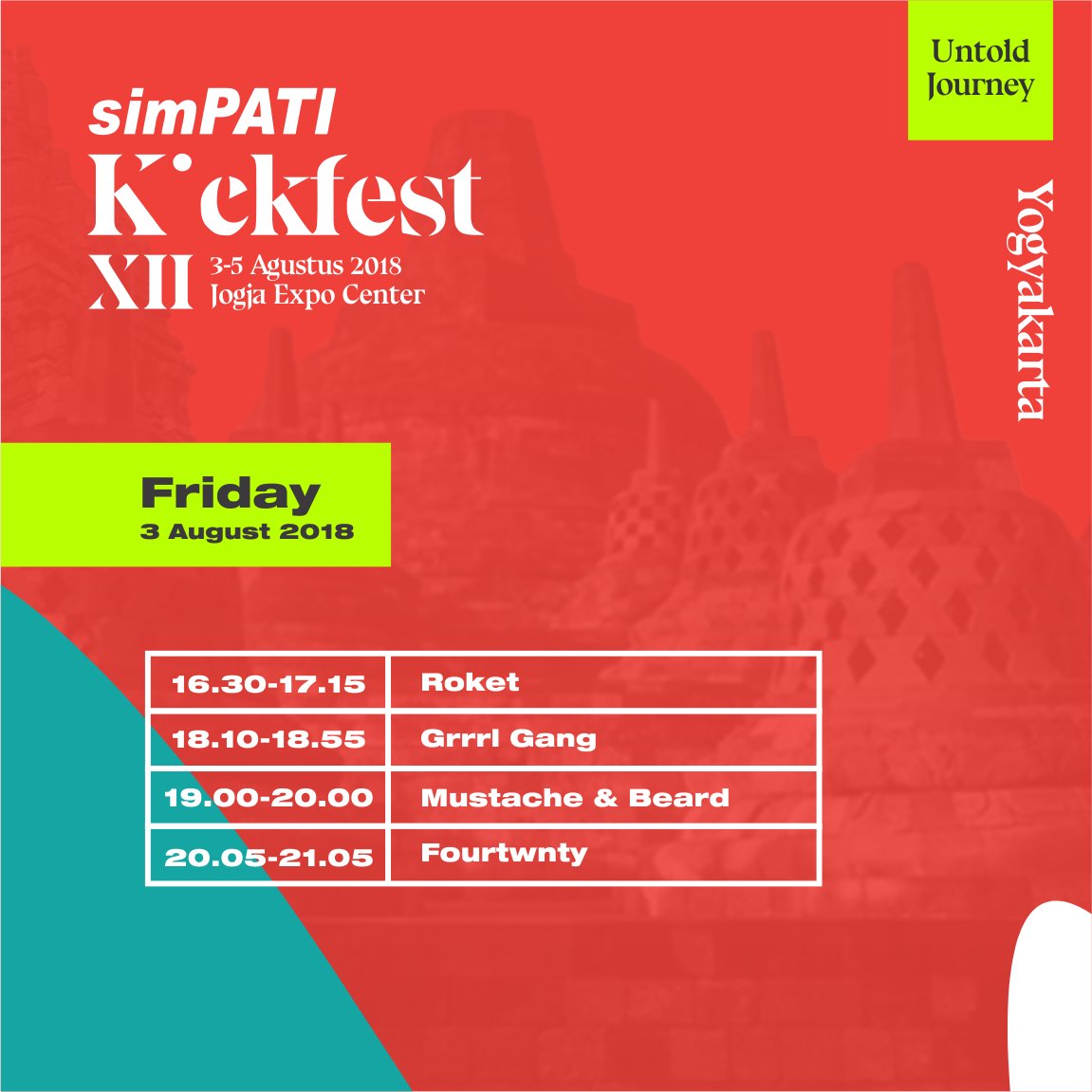 Hari pertama Jumat 3 Agustus kalian akan dihibur oleh band-band favorit kamu. Mention band mana yang pengen banget kalian simak di #simPATIKickfestXII Jogja.
