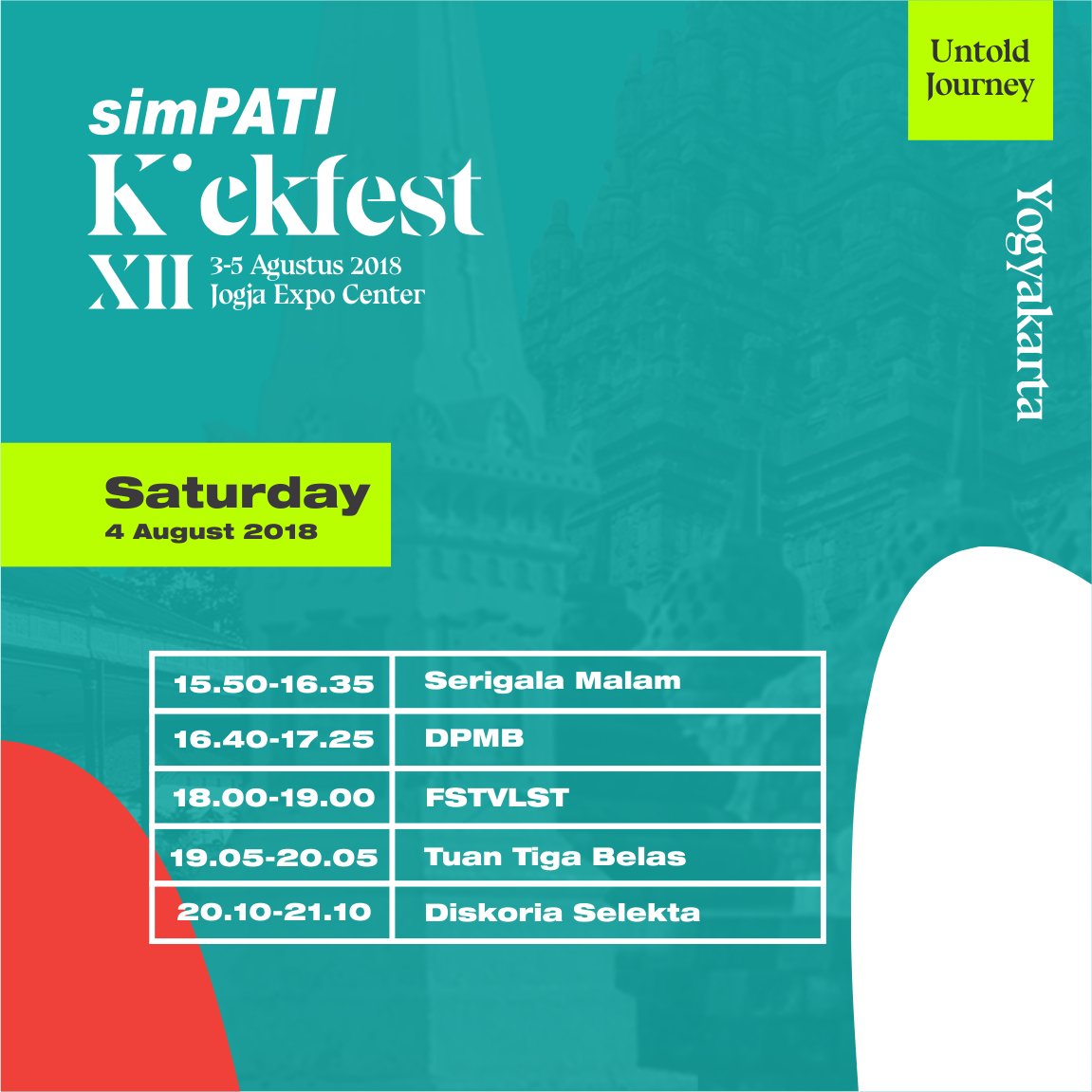 Bikin hari sabtu kamu seru karena kamu bisa nonton live dari band favorit kamu! Kira-kira kalian mau nonton apa? Sampai jumpa di #simPATIKickfestXII Jogja ya!