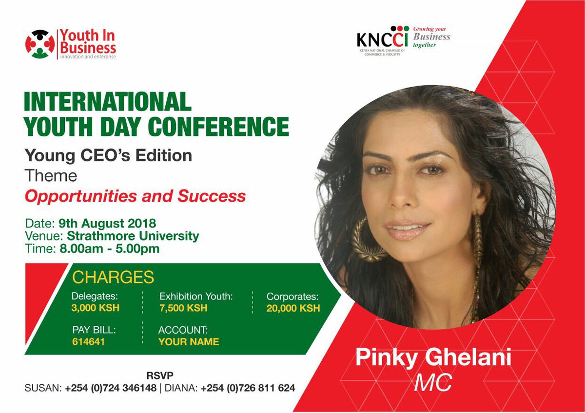 YIBKenya's tweet photo. 9th August at Strathmore university from 8am to 5pm for International Youth Day conference....meet youth representatives, top business personnel and success stories #youthinbusinesske tag share and mention any business/leaders/anyone who would beinterested.#InternationalYouthDay https://t.co/Rcuyx6AZmi