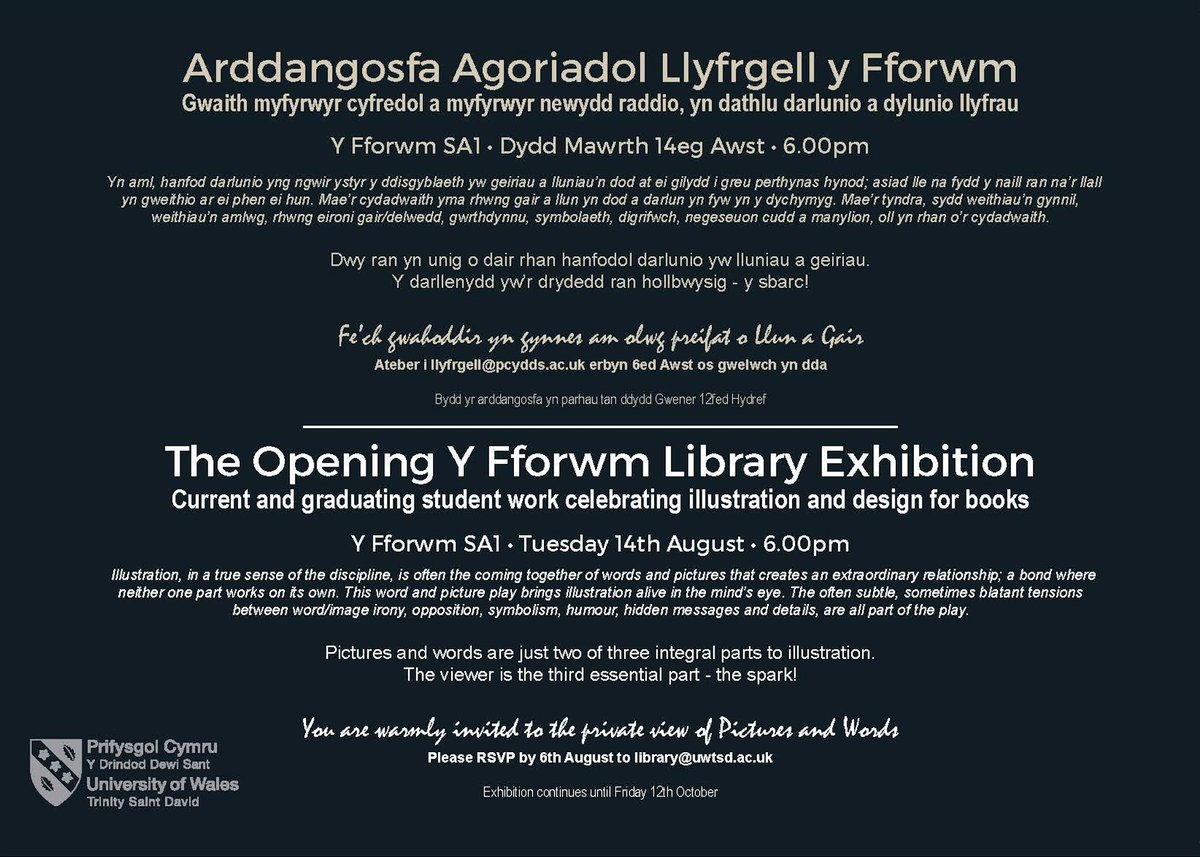 ArtSwansea's tweet photo. You are warmly invited to the private view of Pictures and Words.
Opening at Y Fforwm Library on UWTSDs new SA1 campus 
Current &amp; graduating student work celebrating illustration &amp; design for books.
Tuesday 14th August • 6.00pm
RSVP library@uwtsd.ac.uk

@UWTSD @IllustrationSw https://t.co/2y54goUBDR
