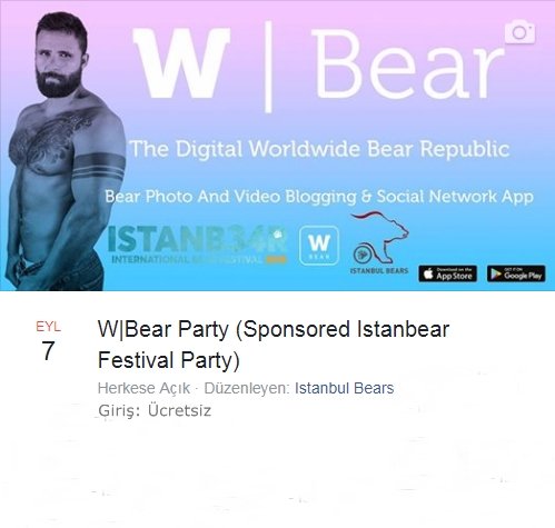 istanbulbears's tweet photo. W|Bear App sponsored party of Istanbear International Bear Festival 2018
DJ's:
-Deepinoza
-Aerie
Entrance Fee: Free
https://t.co/MBVUFaFVPn
#istanbear #ıstanbulbears #ıstanbulayilari #Wbear #wbearapp https://t.co/CNnlCcGveP