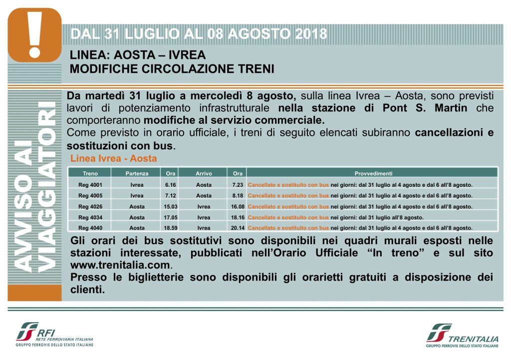 ATTENZIONE! LINEA: AOSTA – IVREA MODIFICHE CIRCOLAZIONE TRENI DAL 31 LUGLIO AL 08 AGOSTO 2018 pendolaristanchivda.wordpress.com/2018/07/31/att…