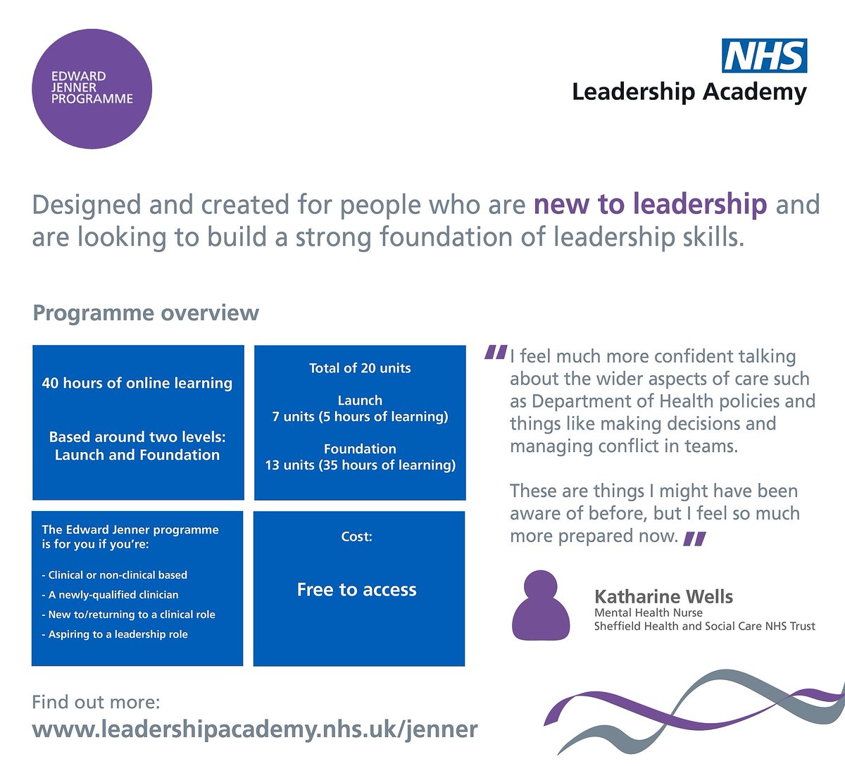 NHSLeadership's tweet photo. Are you new to leadership and looking for personal development that will enhance your skills and confidence? Our Edward Jenner programme is the starting point for the foundations of leadership. It's free to access and allows you to learn at your own pace: https://t.co/UbzVTN7tpC https://t.co/MM48nSxCcI