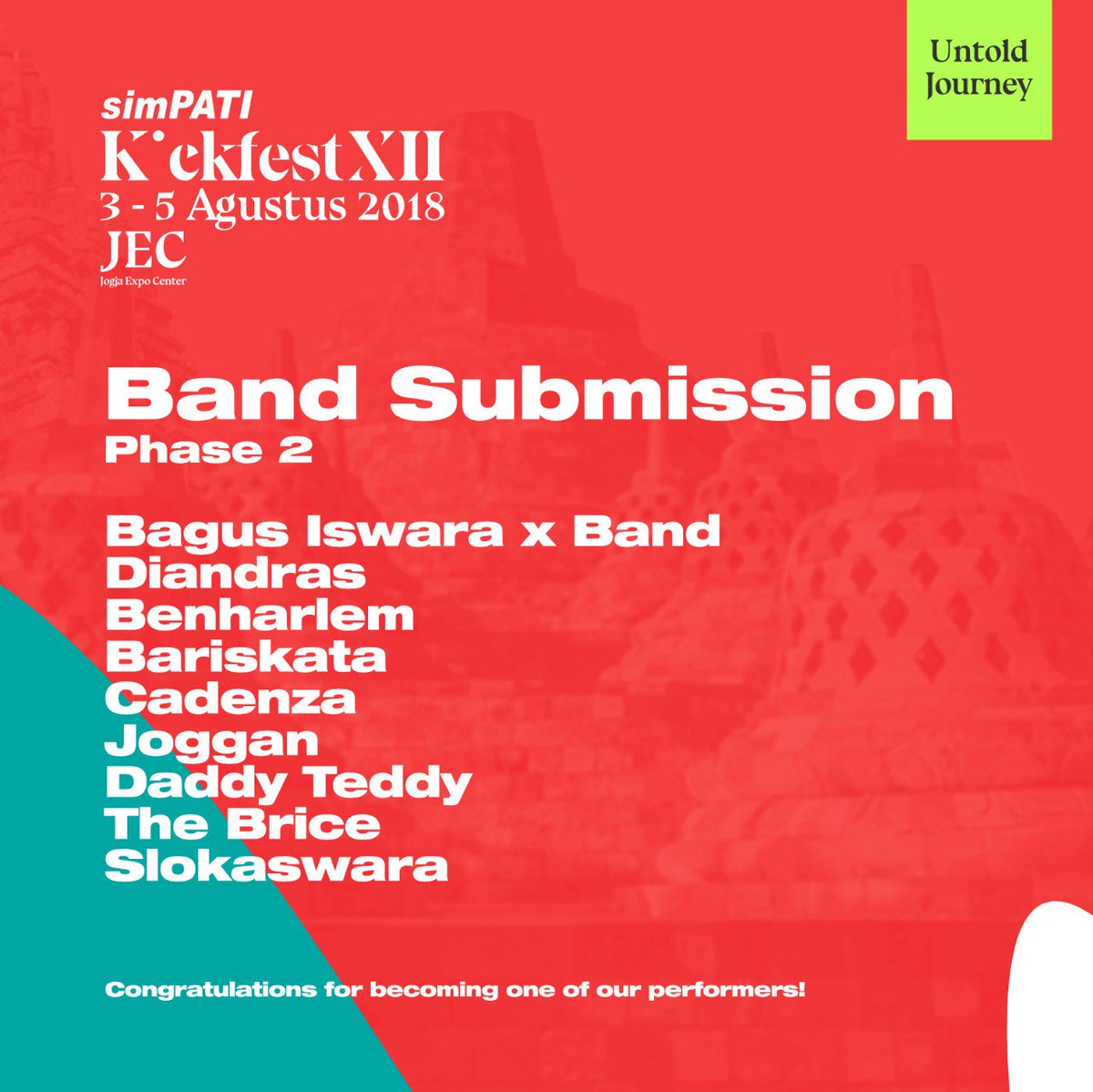 The winners are here! Selamat kepada pemenang band yang sudah submit untuk tampil di #simPATIKickfestXII JOGJA tanggal 3-5 Agustus 2018z Sampai jumpa di JEC and prepare your best performance!