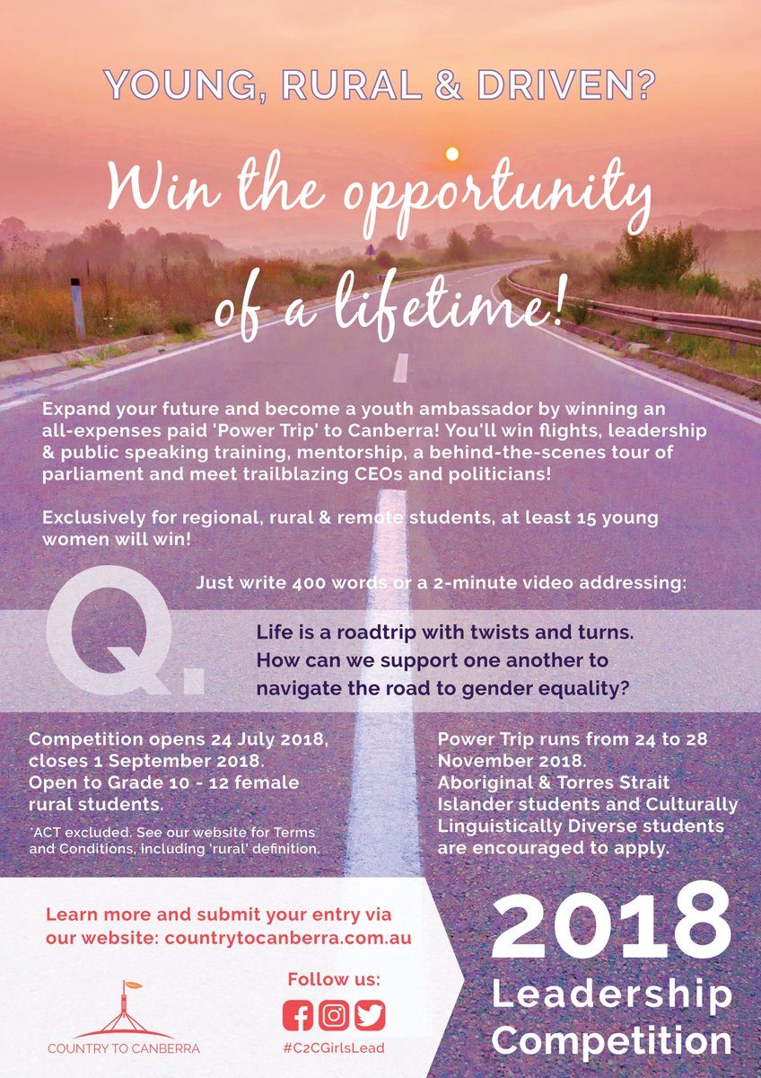 DAFFgov's tweet image. Are you a young woman based in rural Australia with a drive to succeed? Expand your future and become a youth ambassador! Win the opportunity of a lifetime in @CountryCanberra 2018 Leadership Competition sponsored by@DeptAgNews. Entries now open bit.ly/2uFqm1x