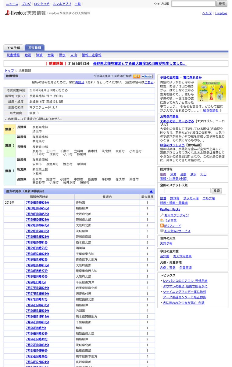 長野県のニュース 天気 交通 ライブドア 長野県 地震情報 7月31日14時53分 頃 長野県北部を震源とする最大震度3の地震が発生しました 県内の震度 震度3 須坂市 震度2 長野市 上田市 千曲市 立科町 青木村 筑北村 坂城町 小布施町 山ノ内